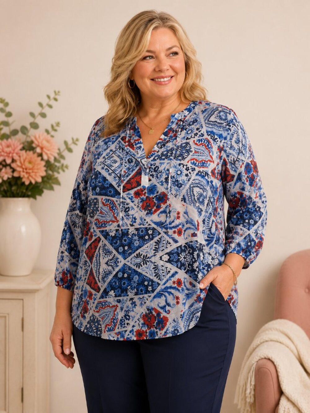 Chico's Floral Patchwork V-neck Top